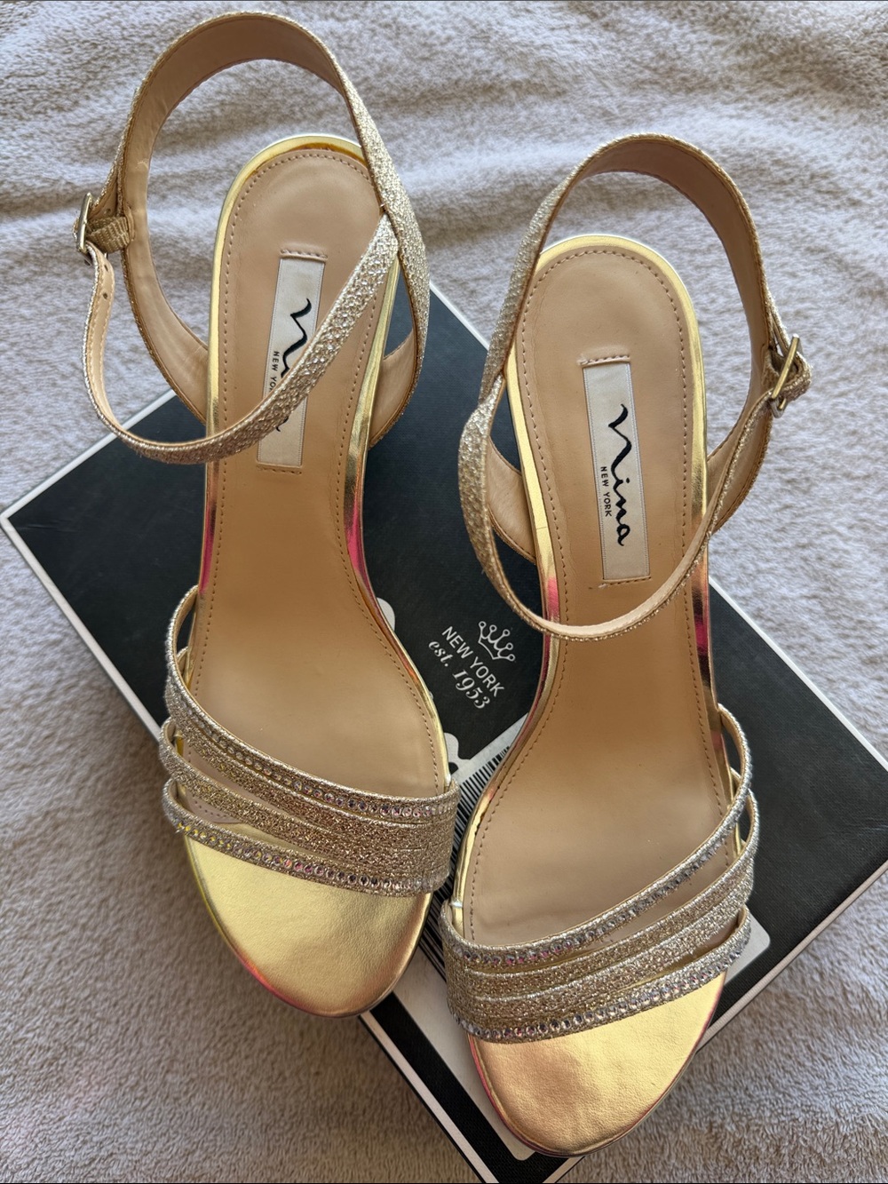 Nina Gold Glitter Strappy Slingback Heels